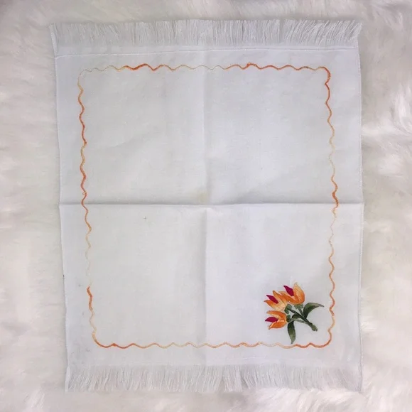 Embroidered Golden Tulips Flowers Fringe Handkerchief Vintage Style Floral - Picture 3 of 16